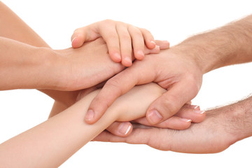 lots of human hands isolated on white - trust concept