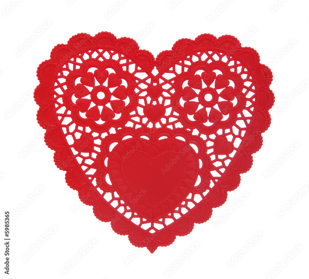 A heart shaped doily isolated over a white background - obrazy, fototapety, plakaty 
