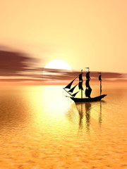 Wall Mural - Small ship and  sunset  sky - 3d landscape scene .