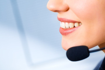 Image of mouth of consultant isolated on a blue background