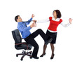 Secretary woman wresting businessman from armchair by tie