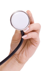 A hand holding a stethoscope isolated on white