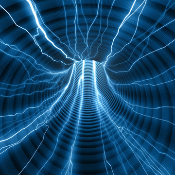 Abstract tunnel with rays passing inside. Concept of energy.