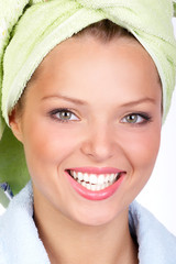 Sticker - young woman after having a bath.  Over white background.