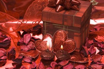 Wall Mural - red heart candles on valentine day