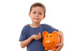 © matka_Wariatka - 6 years old boy with big piggy bank isolated on white