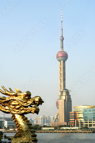 View of Pudong and Chinese Dragon, Shanghai, China Poster