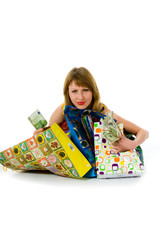 expressive woman  on white background  shopping