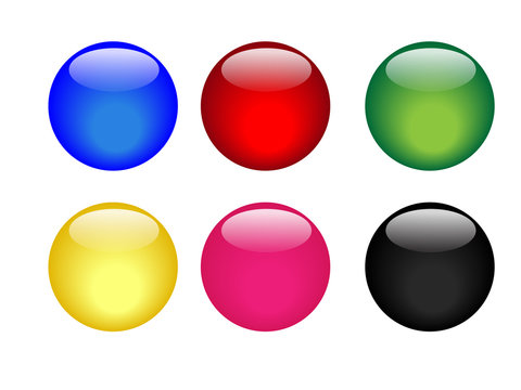 Six colorful glassy buttons