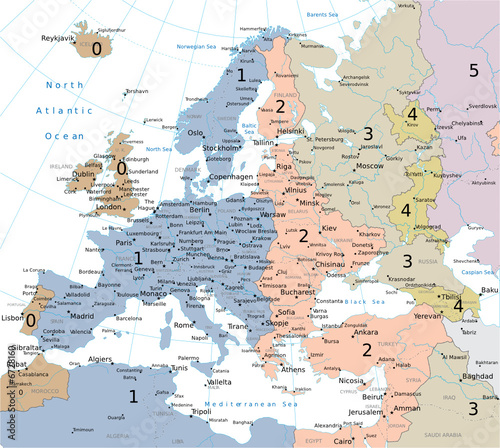 Fototapeta na szkło Mapa Europy ze strefami czasowymi