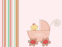 Cute Pink Baby Girl And Pram (vector)