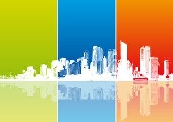 Wall Mural - Panorama of city with colored strips. Vector