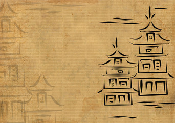 Sticker - Ancient Japanese houses, drawn by ink on a rice paper