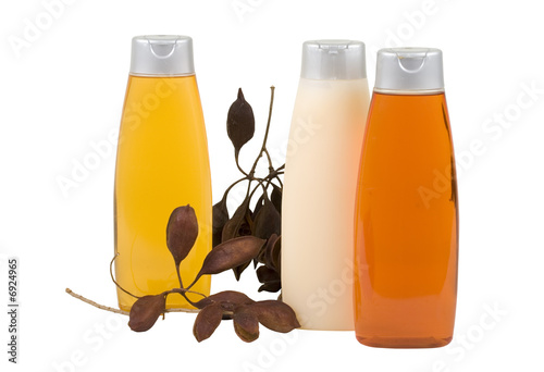 Fotografie, Obraz Shampoo And Conditioner With Seeds In Pods