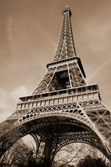  Wide-angle view of the Eiffel Tower, sepia toning
