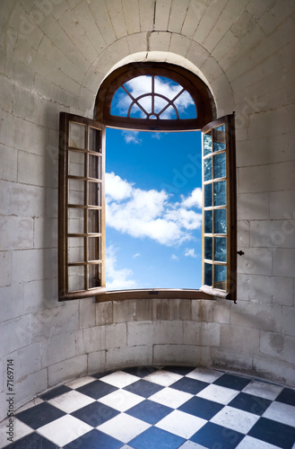 Naklejka na szybę Old wide open window in castle