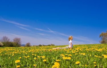 young female excercising yoga on flowery meadow