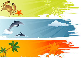 Poster - Three summer banner with palm tree, coconut, dolphin...