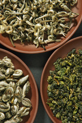 Chinese green teas on clay plates