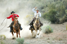 Two Cowboys Galloping And Roping Through The Desert