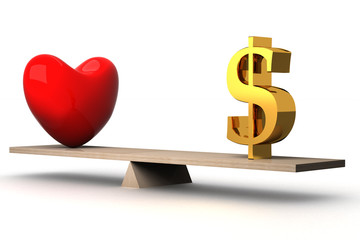 Wall Mural - choice concept between love and money. 3d image.