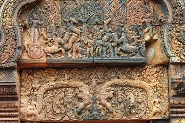 Wall Mural - Cambodia Angkor Banteay Srey carved pediment