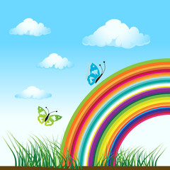 Wall Mural - Meadow green, summer, rainbow and butterflies