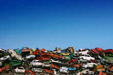 Pile Of Used Cars In Junkyard, Ready For Salvage