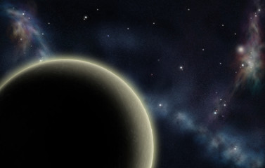 Wall Mural - digital created starfield with cosmic nebula and yellow planet