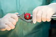 Nurse manipulating a surgical instrument for laparoscopy