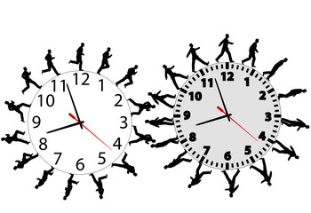 Wall Mural - Business men in a hurry run & walk on time clocks