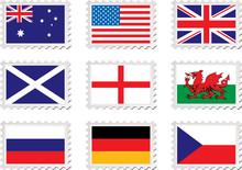 Collection Of Nine Stamp With Country Flag On Them
