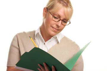 Intelligent Beautiful Woman with Pencil and Folder