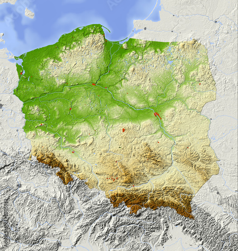 Nowoczesny obraz na płótnie Poland, relief map, colored according to elevation