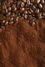 Coffee Beans And Ground Background, Warm Light