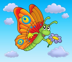 Sticker - Butterfly with flower on blue sky