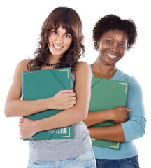 Wall Mural - Photo of smiling teen students over whit background