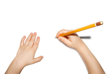 child hands with pencil isolated