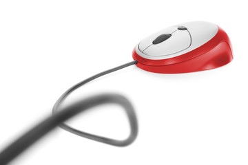 red computer mouse with cable isolated on white