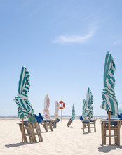 Unfurled Beach Parasols Waiting For First Customers,