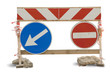 Traffic sign. The detour pointer. A rough wooden frame.