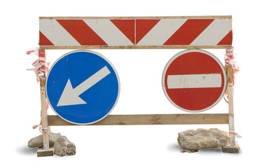 Traffic sign. The detour pointer. A rough wooden frame.