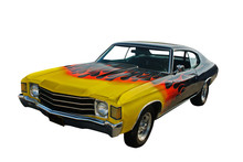 Yellow Blended To Red Flames, Black Hotrod On White