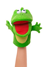 Hand Puppet Of Frog Isolated On White, Happy Emotion.