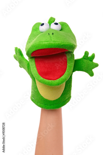Cuadros en Lienzo Hand puppet of frog isolated on white, happy emotion.