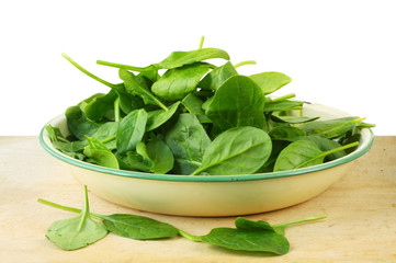 Wall Mural - Old enamel bowl full of baby spinach leaves