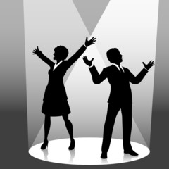Wall Mural - Man & Woman Business People Silhouettes on Stage Spotlight