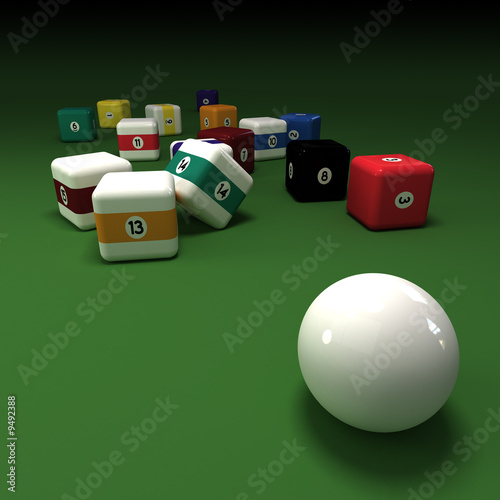 Cubic billiards balls on a green felt table