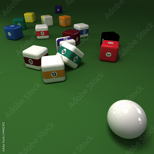 Cubic billiards balls on a green felt table