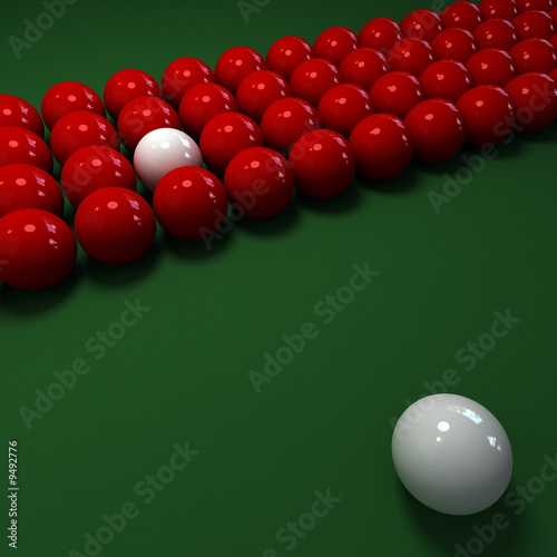 Billiard game with lots of red balls and a white one
